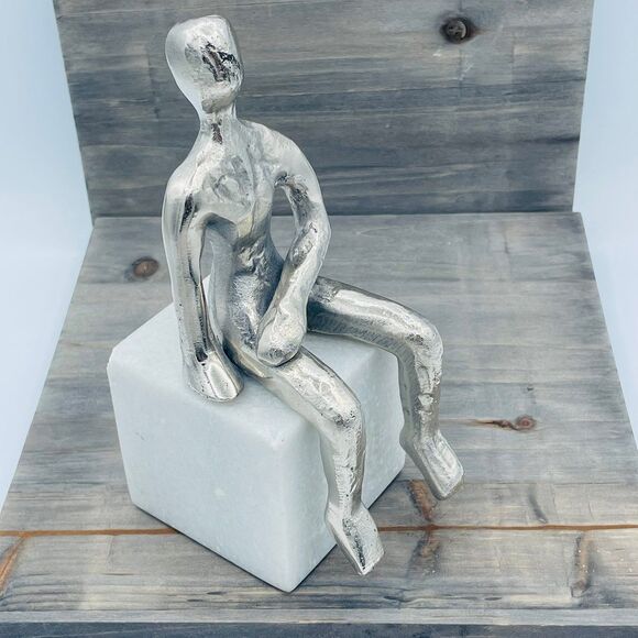 Modern Style Statue of Silver Metal Seated Human Figure Upon Marble Cube Bookend - Picture 1 of 11